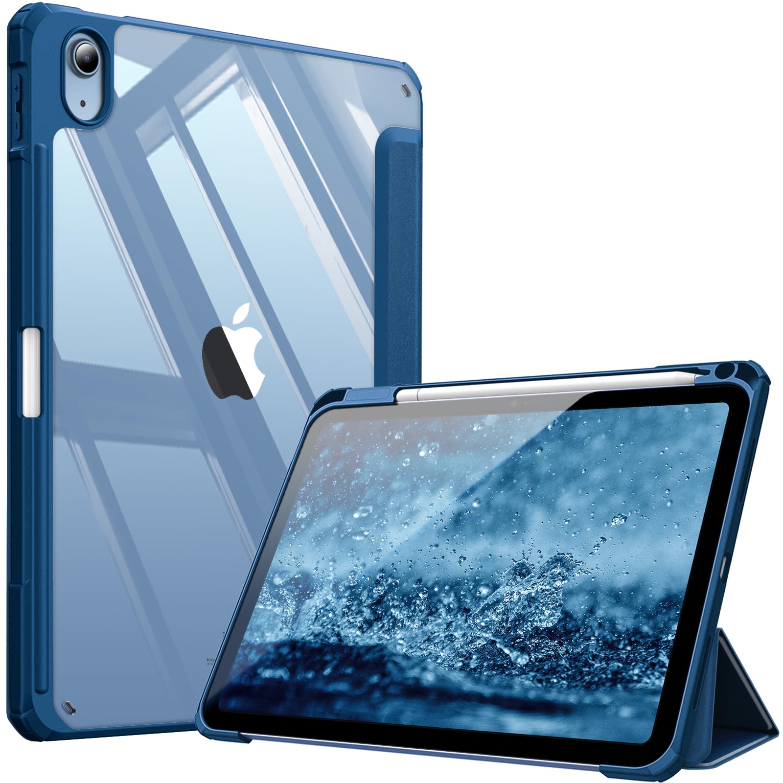 タブレットケース 10.9インチ用 スリム カバー 耐衝撃 透明バックシェル ペンシルホルダー付き オートスリープ マリンブルー