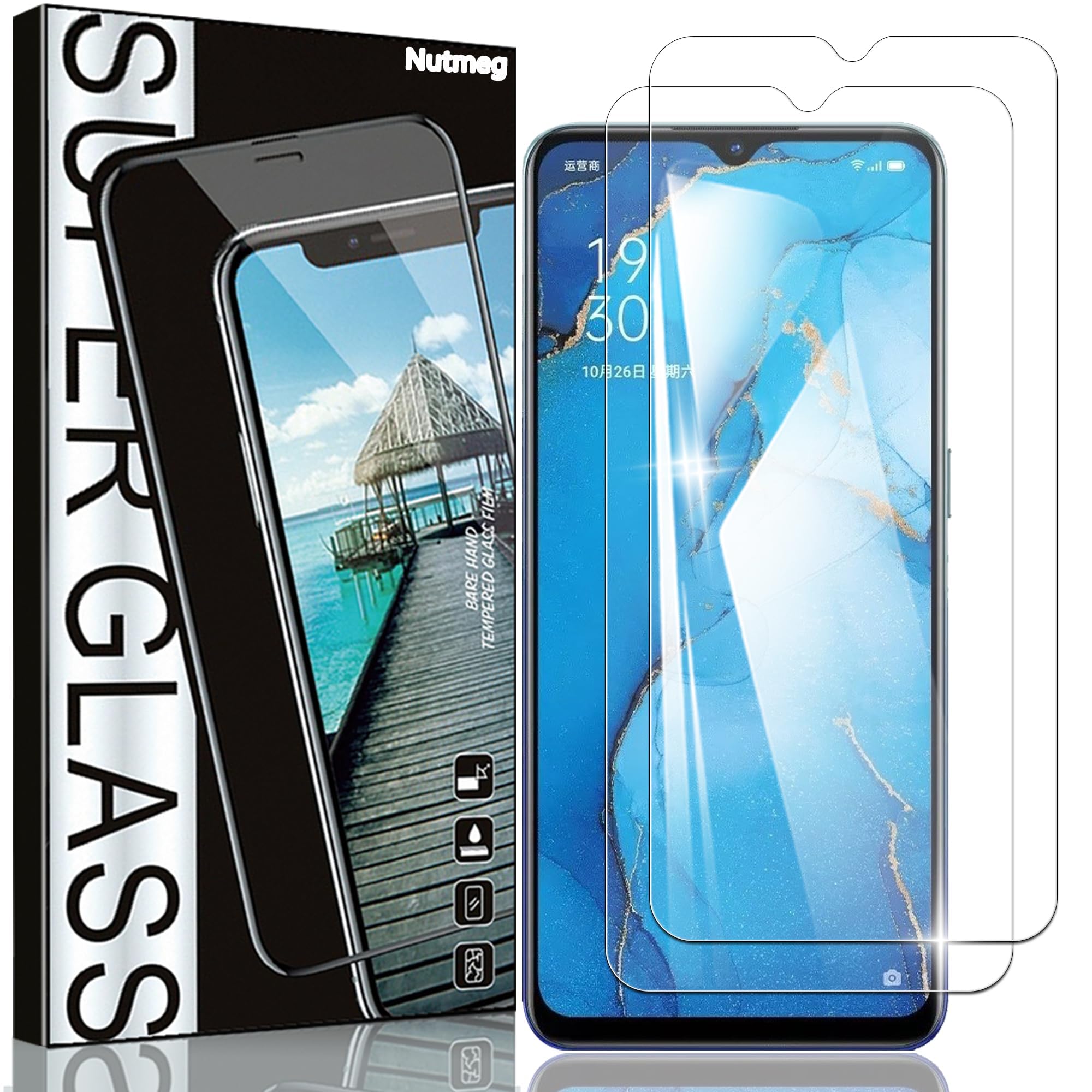 ・対応機種:OPPO Reno3 A ・入数:2枚 ・素材:日本製旭硝子 ・硬度:9H ・機能:耐衝撃、飛散防止、疎水性、撥油性、高透過率、高光沢、指紋防止、気泡防止、自動吸着