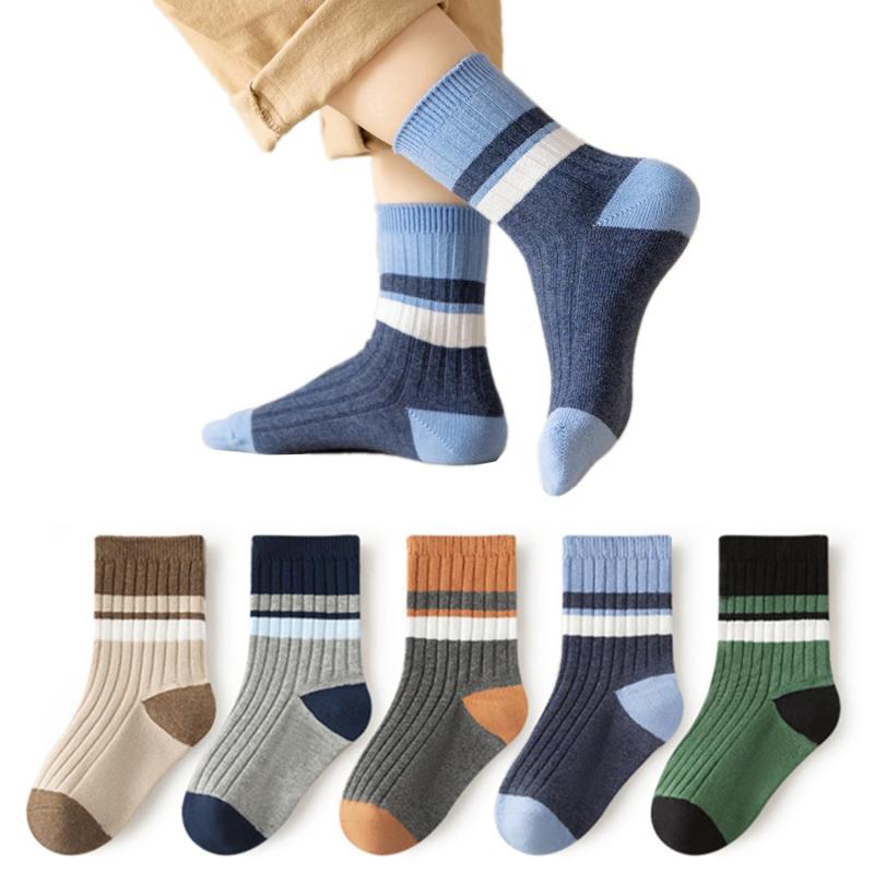 [Getrays] 子供靴下 キッズ ソックス 5足組、おしゃれ ボーイズ ストライプ 綿 クルーソックス、柔らかい 伸縮性 通気 男の子 くつした おしゃれ 通学 通園 スポーツソックス 子供用 幼児用 靴