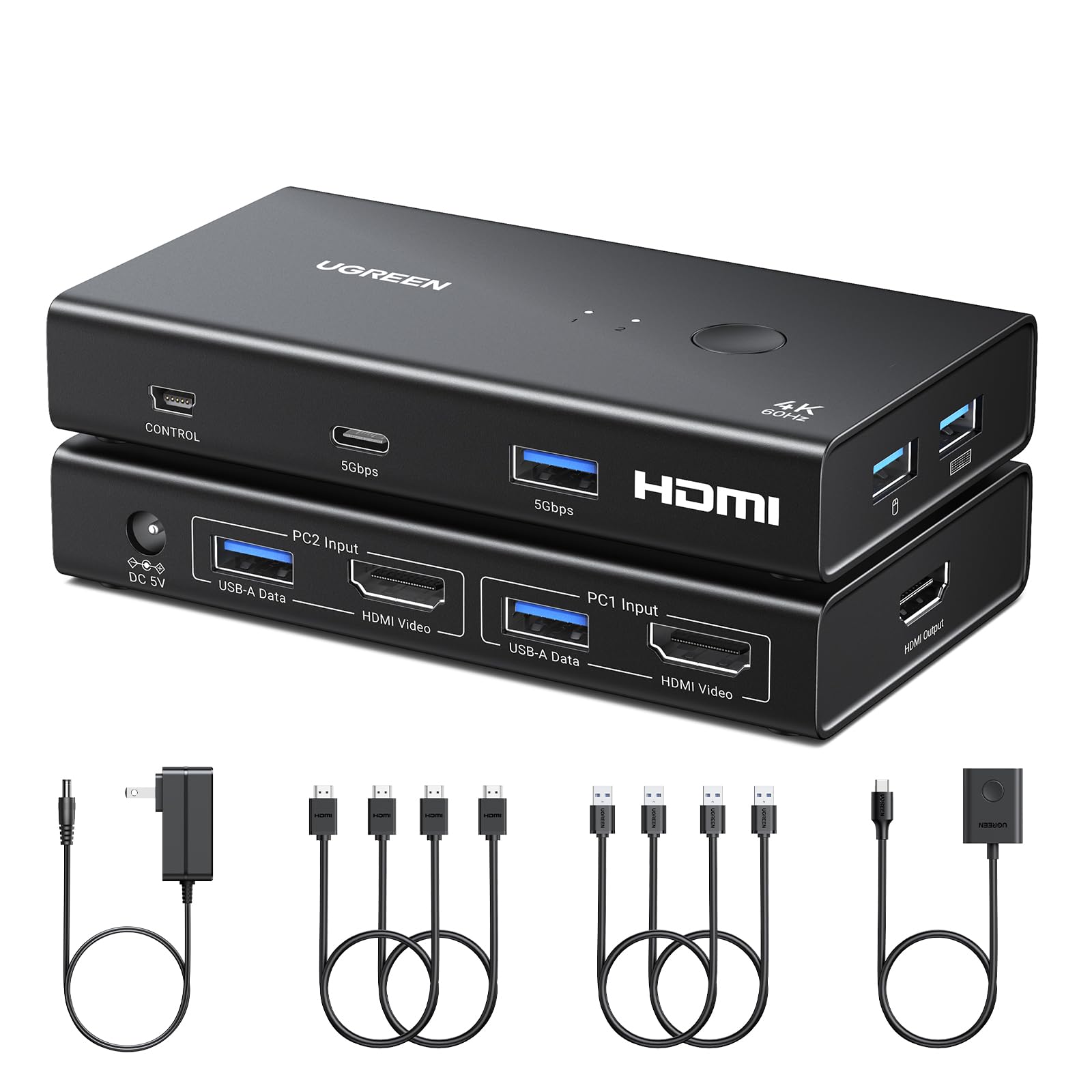HDMI切替器 2入力1出力 4K 60Hz 2台PC用 USB3.0ハブ搭載 キーボード マウス プリンター共有 ケーブル2本付属 映像切替器 スイッチャー 画面切り替え デスクトップ パソコン 周辺機器