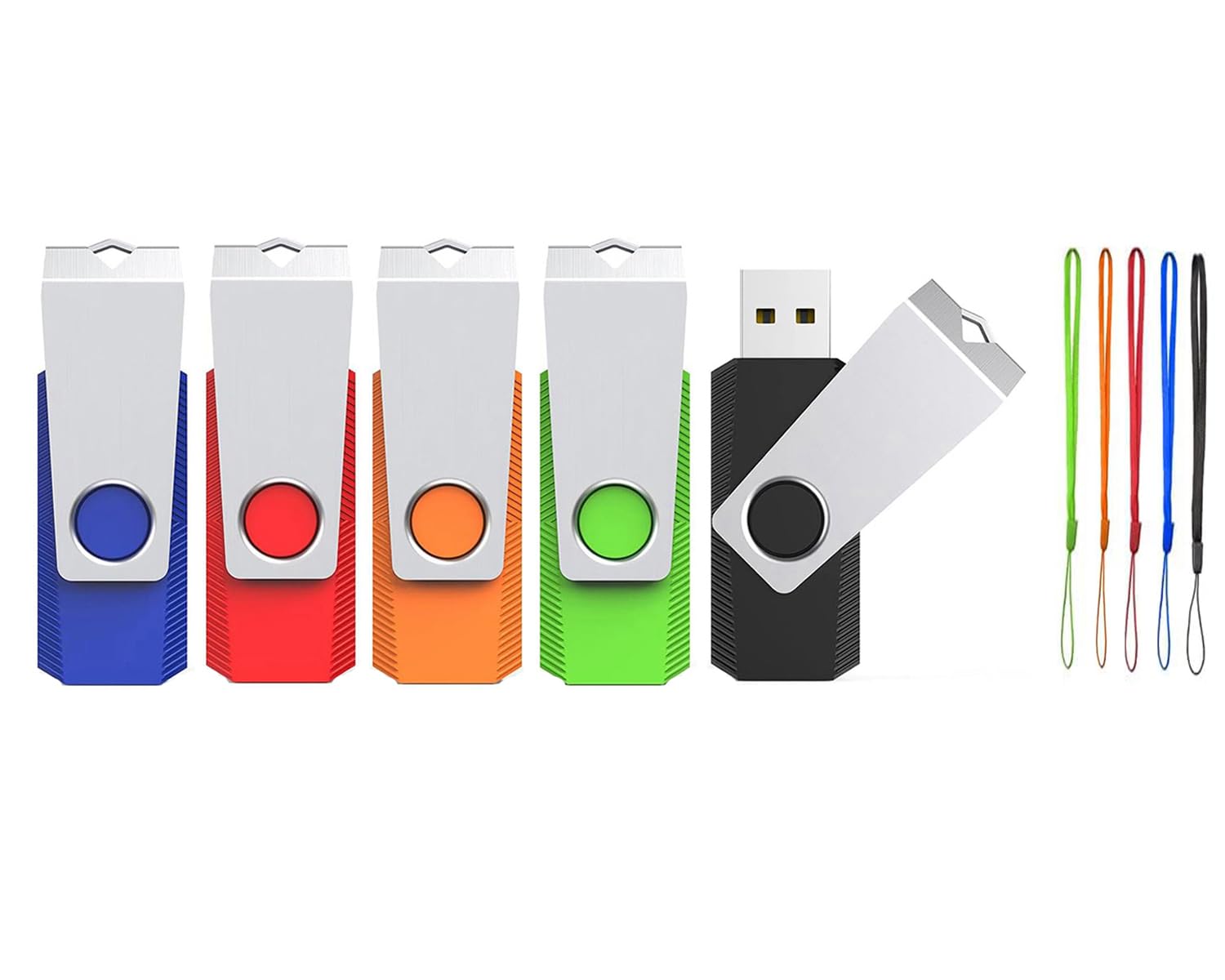 USBメモリ 2GB 5個セット フラッシュドライブ USB2.0 360度回転式 軽量 ストラップ付き データ保存 バックアップ用 スティック