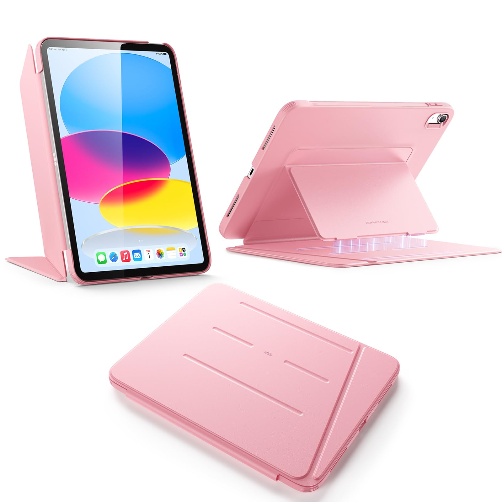 ・対応機種:iPad 第11世代 (11インチ、2025モデル)、iPad 第10世代 (10.9インチ、2022モデル) ・対応モデル番号:A3354、A3355、A2696、A2757 ・スタンド機能:縦向き・横向き対応、3段階調節(横向き)、マグネット固定 ・角度調節:ビューイングモード(45°~60°)、ライティングモード(25°) ・機能:自動ウェイク/スリープ、耐衝撃設計