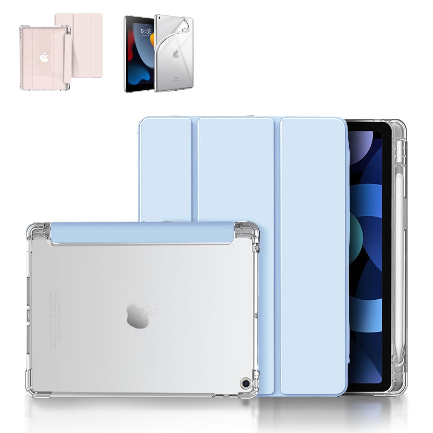 Tablet - iPad ケース 10.2インチ 第9世代 第8世代 第7世代 ペンシル収納付き 三つ折 保護カバー クリアバックケース 自立スタンド オートスリープ機能 軽量 薄型 ハードタイプ 手帳型 全面保護 傷防止