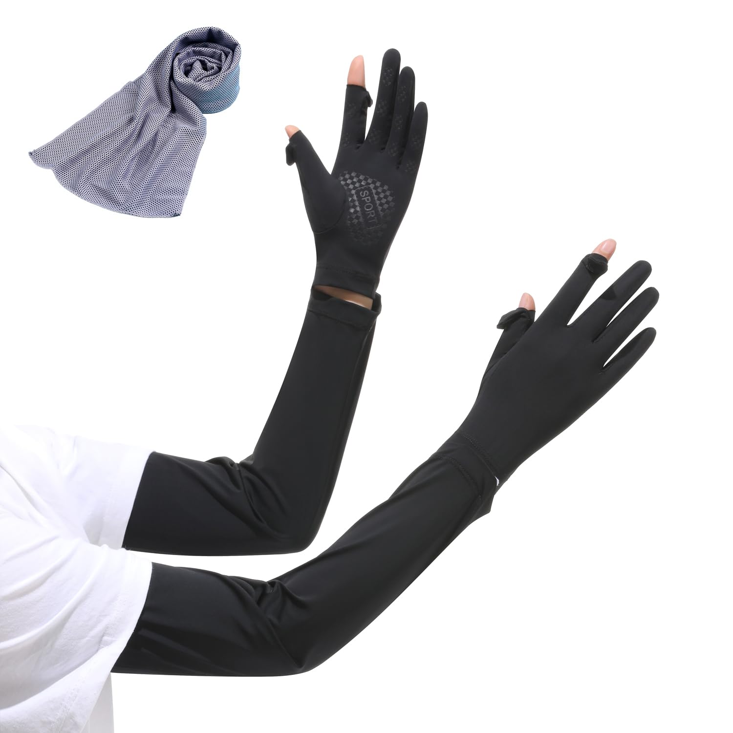 Arm Warmers - アームカバー 冷感 日焼け防止 UVカット 指先までカバー 接触冷感 吸汗速乾 滑り止め スカーフ付き 取り外し可能 レディース メンズ 夏