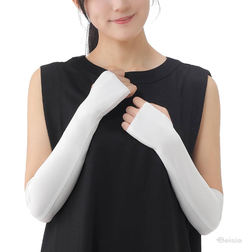 Rakuten - アームカバー レディース 接触冷感 UVカット 日焼け防止 紫外線対策 吸水速乾 伸縮性 シームレス 無地 オフホワイト ミドル丈 ゆったり 腕カバー ひんやり 冷感 夏 スポーツ アウトドア