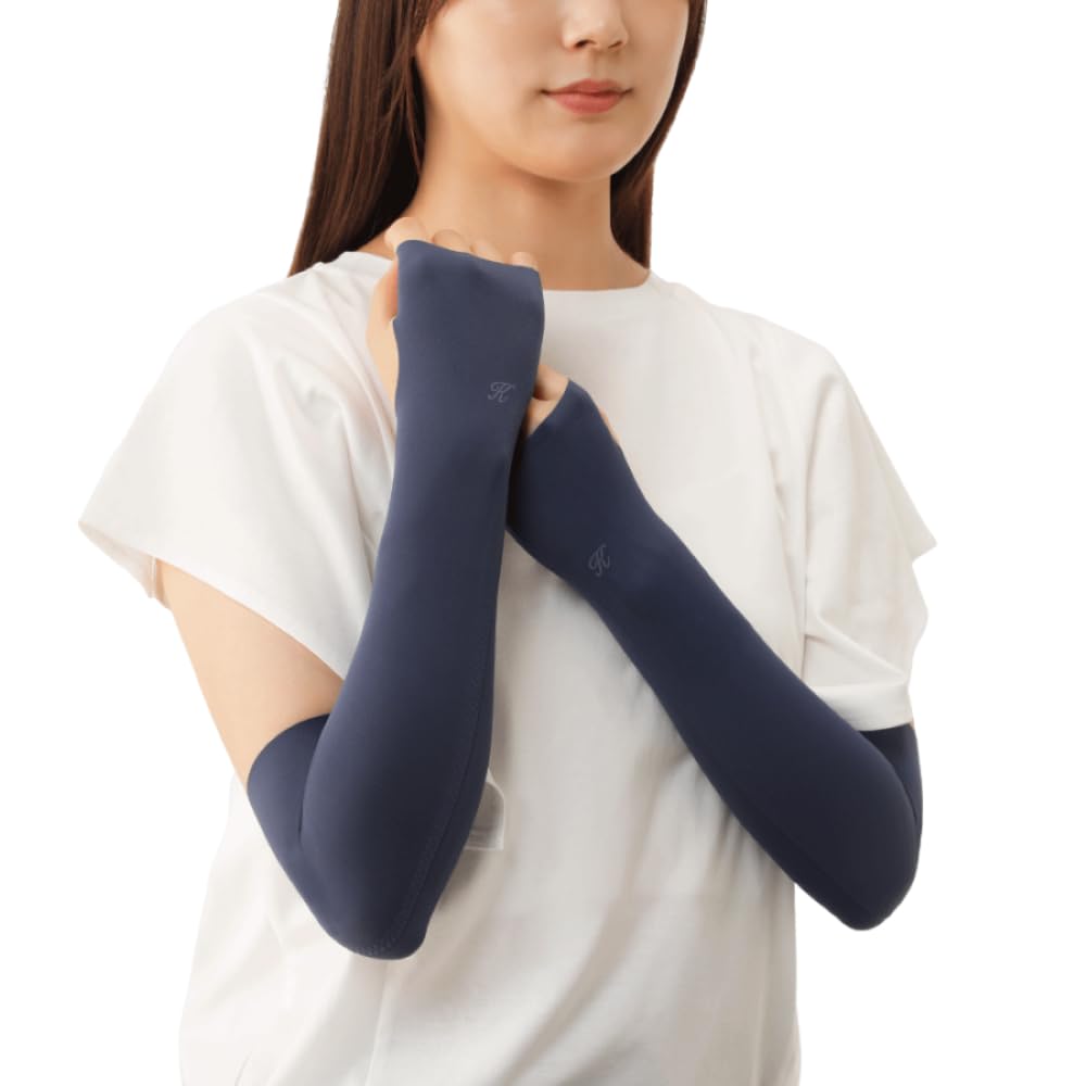 Arm Warmers - アームカバー レディース 接触冷感 UVカット 日焼け防止 吸水速乾 伸縮性 ミドル丈 腕カバー 冷感 UVケア 紫外線対策 遮蔽率90%以上 シームレス ネイビー