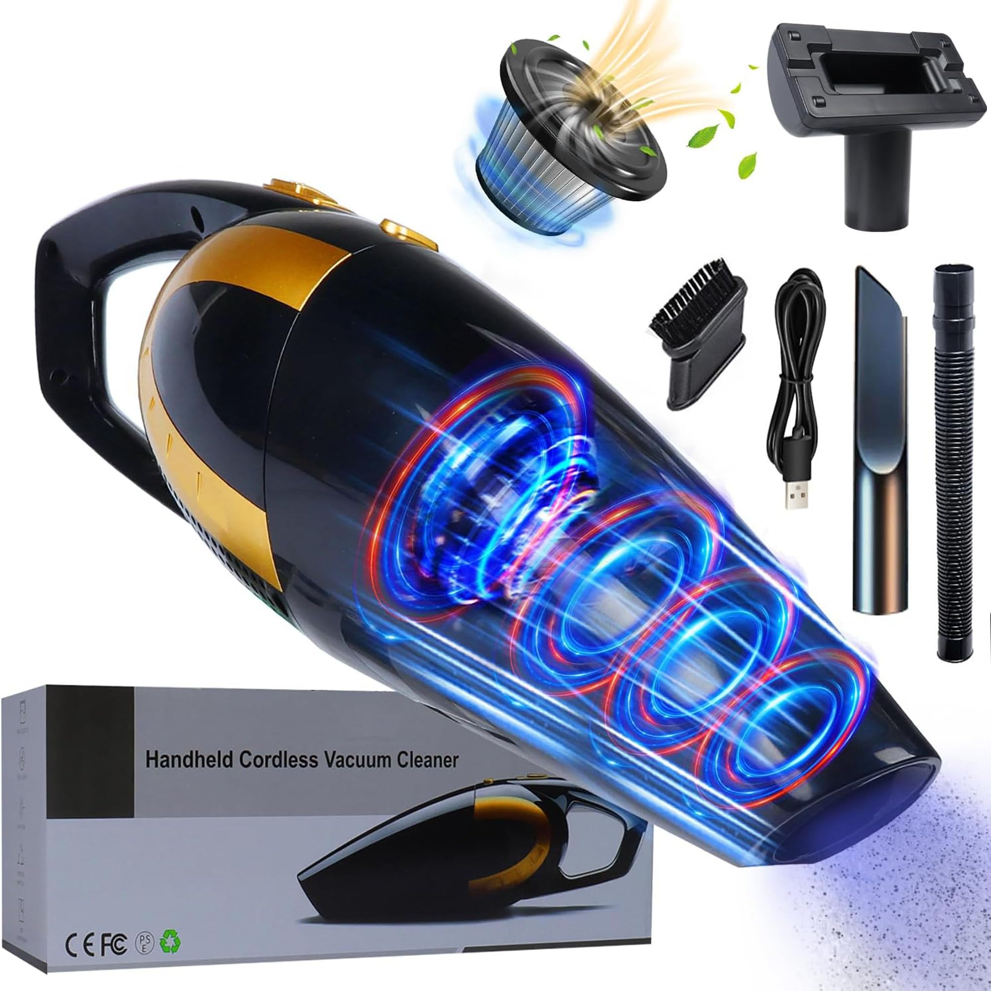 ・吸引力:15000Pa ・出力:90W ・電圧:12V ・運転音:60dB未満 ・連続稼働時間:16分間 ・充電方式:USB/Type-C ・コード長:4.5m ・フィルター:HEPAフィルター(水洗い可能) ・本体サイズ:40cm×11cm×11.6cm ・重量:800g ・付属品:ノズル4つ、HEPAフィルター、USB充電ケーブル
