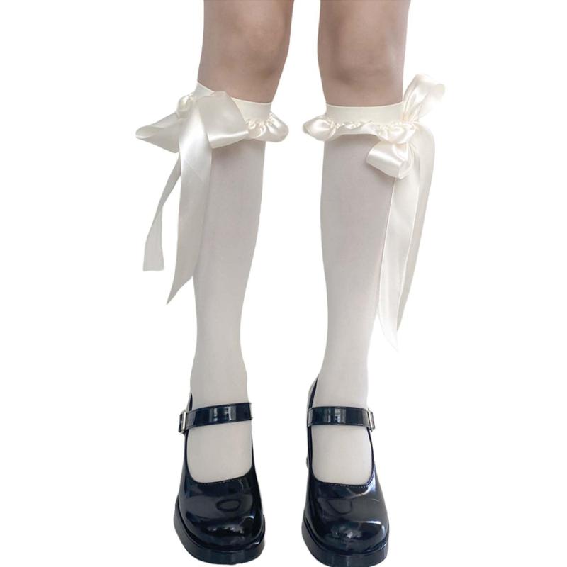[MOE2HUO] ニーハイソックス サテンリボン ちょう結び レース付きニーハイ ハイソックス ロリ系 レディース 可愛い cosplayや制服用 オーバーニーソックス 通学 ひざ下 靴下 美脚ソックス 靴下