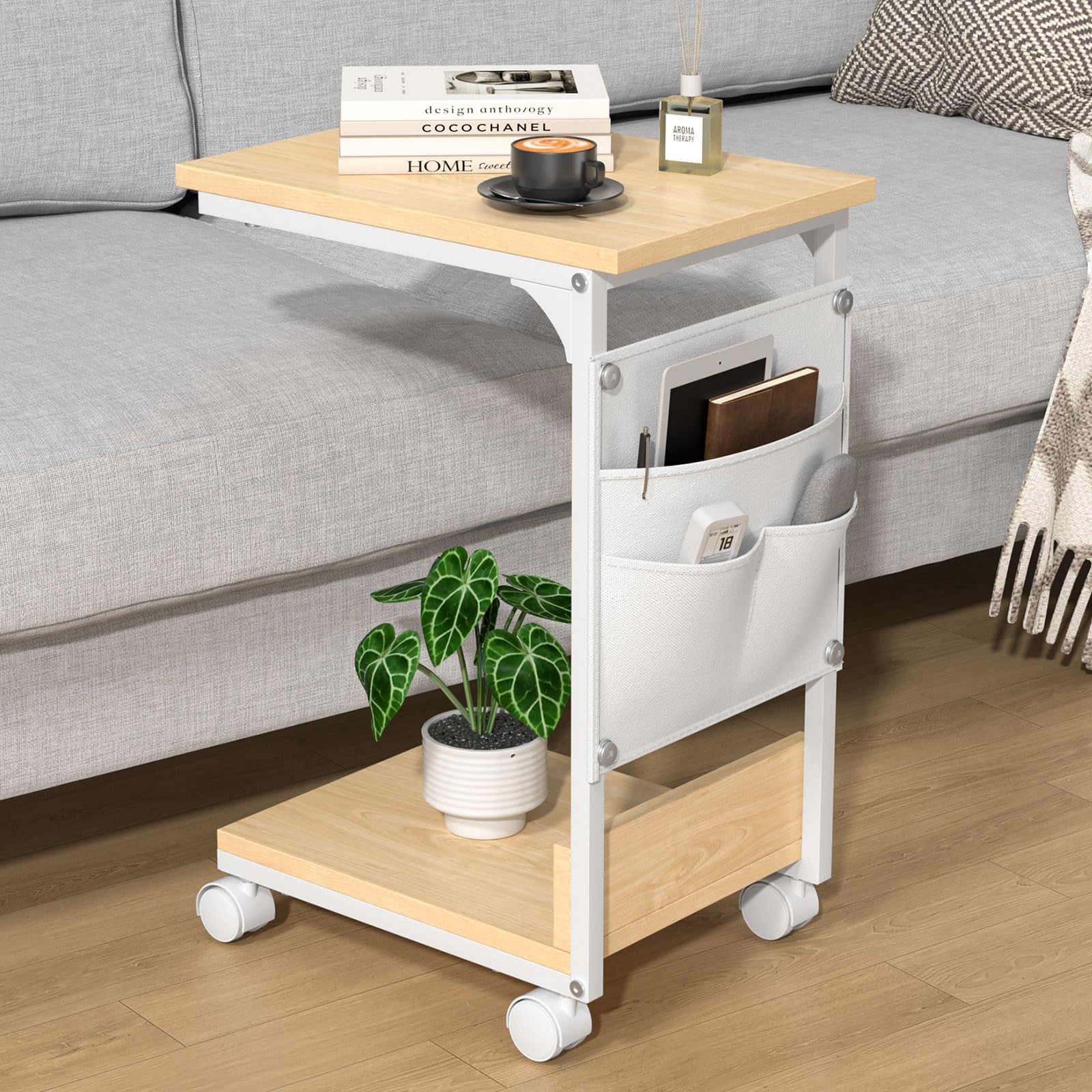 Rakuten - サイドテーブル ナイトテーブル 幅37×奥行26×高さ54.5cm ベッド ソファー リビング 収納袋付き コの字 スリム 木製 小型 ミニ コーヒーテーブル カフェ キャスター アジャスター 北欧 モダン