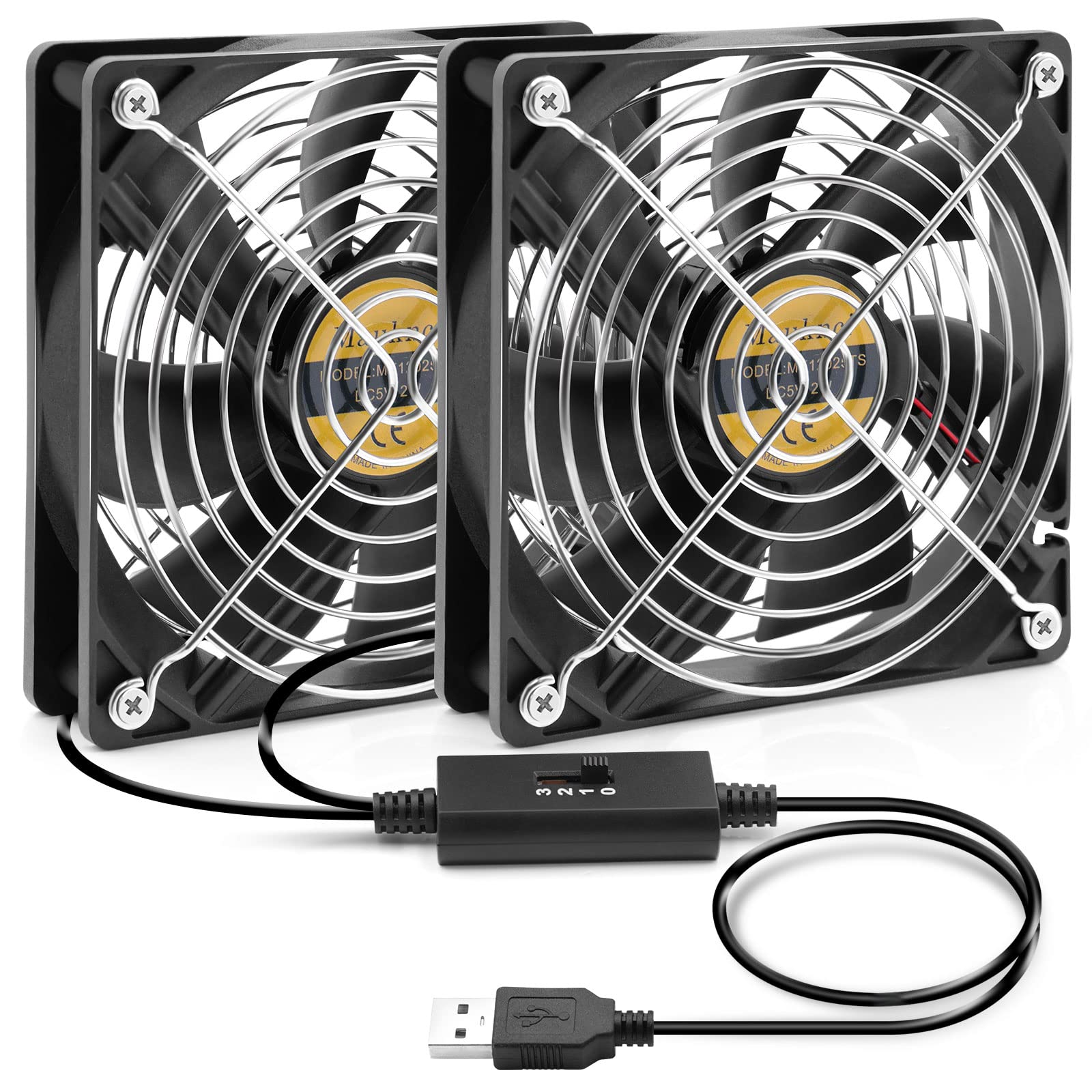 ・ファンサイズ:12cm ・セット内容:2台1組(2連) ・電源:USB給電(5V) ・風量調整:3段階 ・軸受:デュアルボールベアリング ・定格寿命:約60,000時間 ・付属品:金属製ファンガード(両面装着済み)