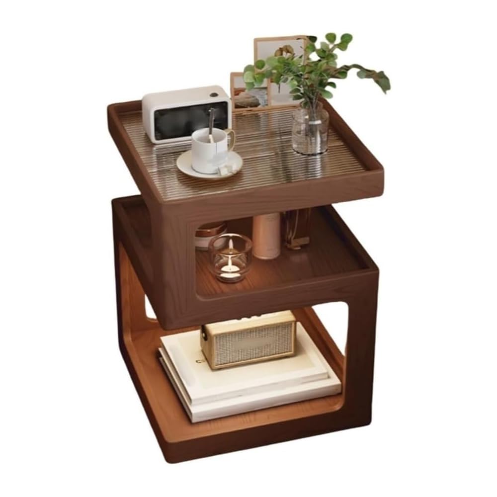 Rakuten - ナイトテーブル ベッドサイドテーブル 天然木 ガラス天板 幅30cm 奥行30cm 高さ52.5cm 完成品 ソファサイドテーブル 木製 収納家具 おしゃれ