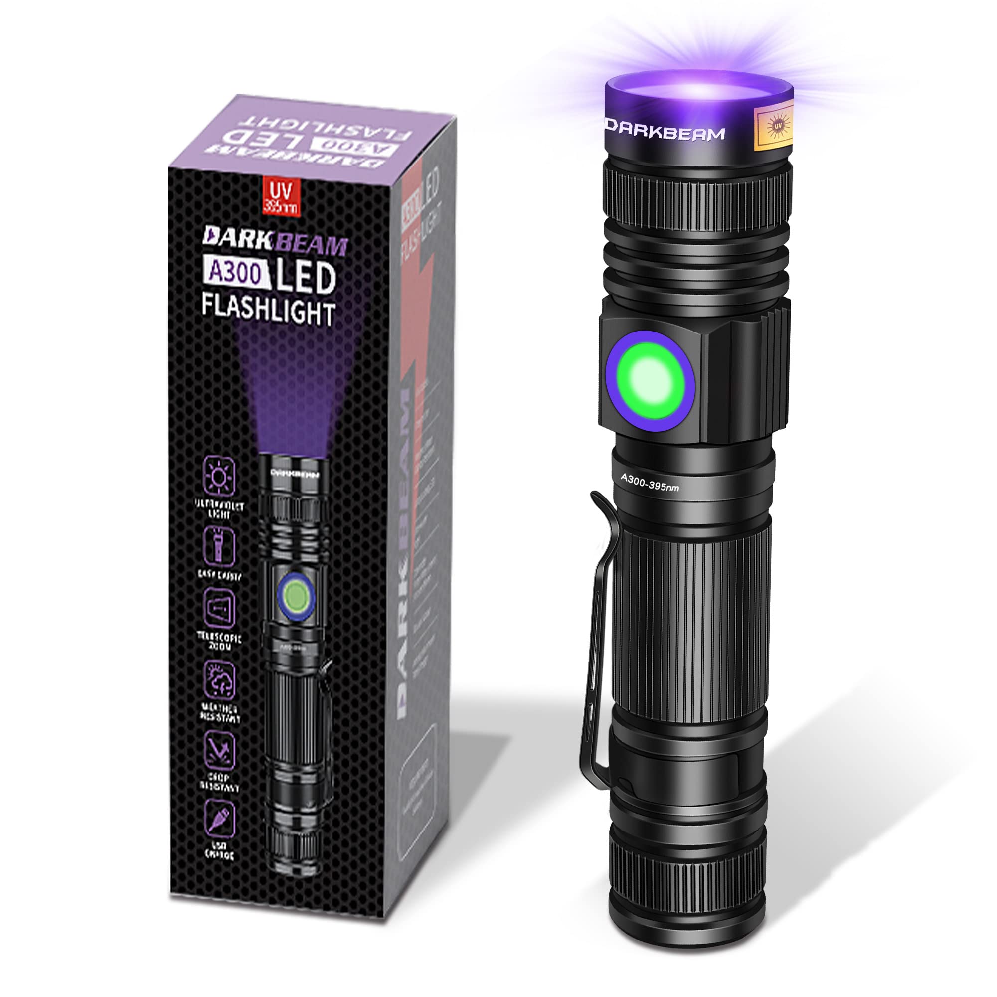 UV 395nm 懐中電灯 ブラックライト 充電式 USB 紫外線 LED ポータブル クリップ付き 樹脂硬化 蛍光検出 ペット犬尿用検出器