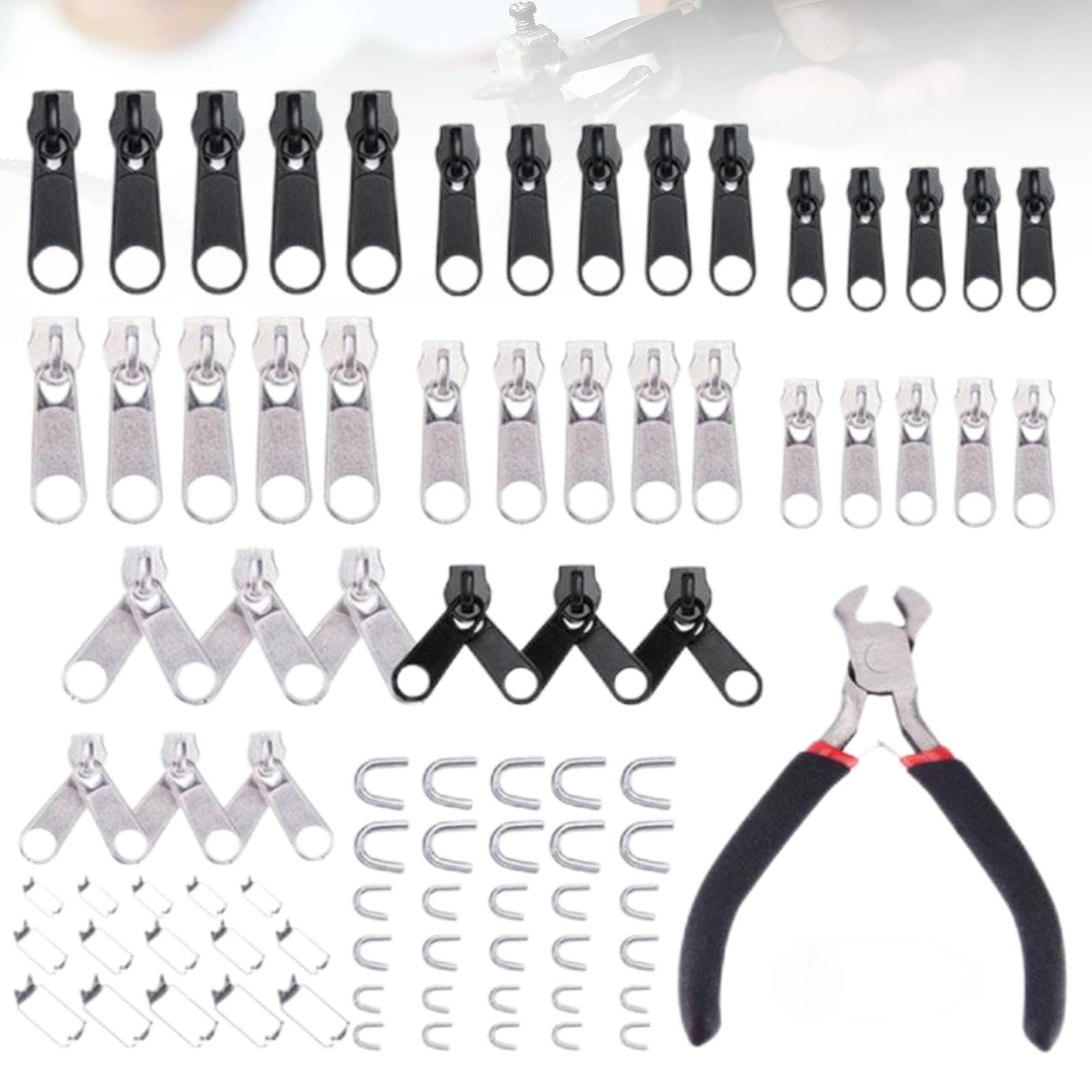 85個セット ジッパー ファスナー修理キット 修理用ペンチ1個付き 縫製 交換用 DIY 多機能ジッパーヘッド 財布 裁縫 手作り 服装 手芸 バッグ ジャケット テント 荷物 寝袋