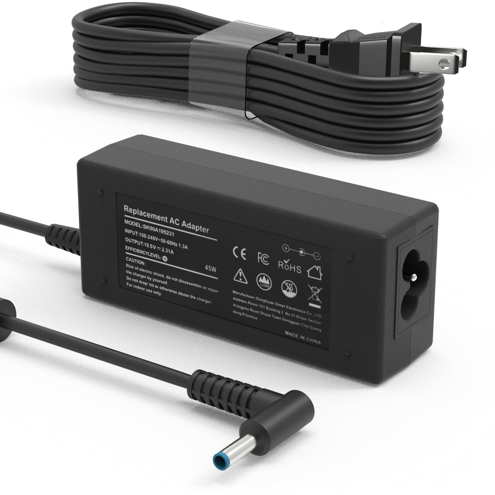 ・出力:DC 19.5V 2.31A (最大 45W) ・入力:100-240V、50-60Hz 1.3A ・コネクタサイズ:4.5mm * 3.0mm (青い丸型チップ) ・セット内容:45Wノートパソコン充電器 x 1、電源コード x 1