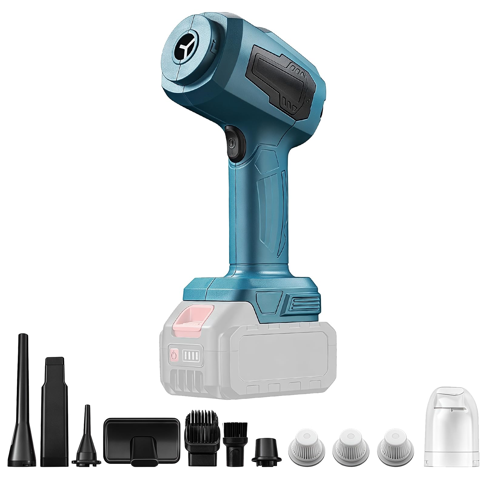・モーター出力:200W ・吸引力:21,000pa ・風量:30.91CFM ・ダストカップ容量:180ml ・重量:300g ・対応バッテリー:マキタ18Vバッテリー (BL1820B, BL1830B, BL1840B, BL1850B, BL1415, BL1440, BL1450, BL1815N等) ・機能:4-IN-1 (吸い込み、吹き飛ばし、空気入れ、空気抜き) ・付属品:ノズル5個、フィルター3個