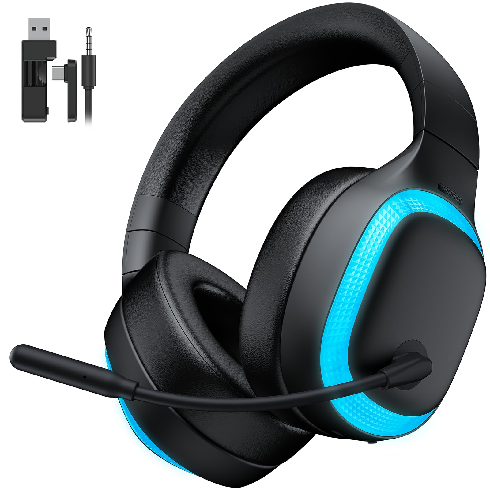 ゲーミングヘッドセット ワイヤレス ゲーミングヘッドホン Bluetooth 5.3 2.4GHz USB Type-C 有線接続 7.1chサラウンド 超低遅延 ノイズキャンセリングマイク 50mmドライバー ライト 最大70時間バッテ