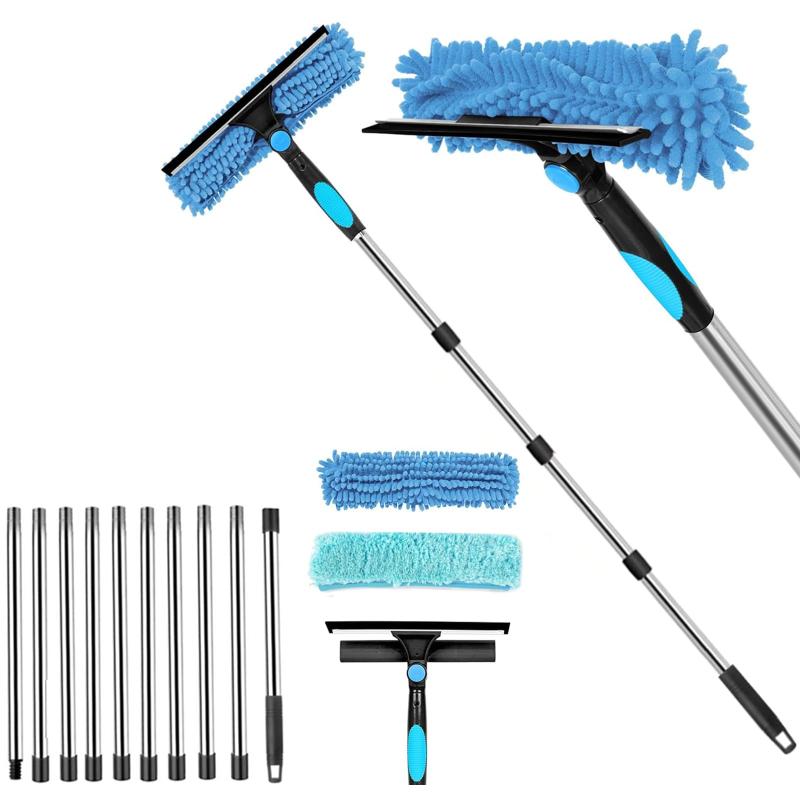 3in1 窓ガラス 掃除 10個 エクステンション 高所掃除ブラシ 窓掃除道具 長さ約4m 高所 窓掃除 水切りワイパー 窓掃除 ワイパー マイクロファイバー付き 伸縮可能 高所掃除 外壁 ガラス