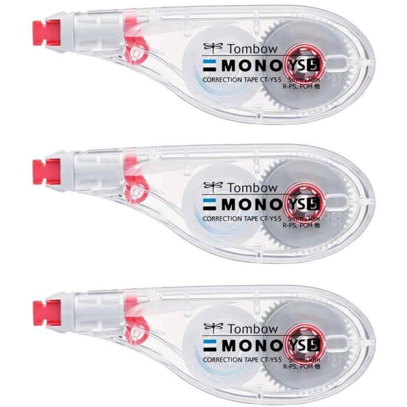 トンボ鉛筆 修正テープ 5mm MONO モノYS (ペン感覚で使える横引きタイプ) 使い切りタイプ 10m 3個 KCA-326 (CT-YS5×3)【特長】ペン感覚で使いやすいスリムなヨコ引き／使い切りタイプ／2011年度iFデザイン賞受賞・2005年度グッドデザイン賞受賞【テープサイズ】幅5mm×長さ10m【仕様】手ブレ補正ヘッド／スライド式ヘッドカバー付き／巻き取りボタン付き／横引き【単品サイズ】幅38×厚さ15×全長106mm／重量18g【パッケージサイズ】幅117×厚さ28×全長146mm／重量62g