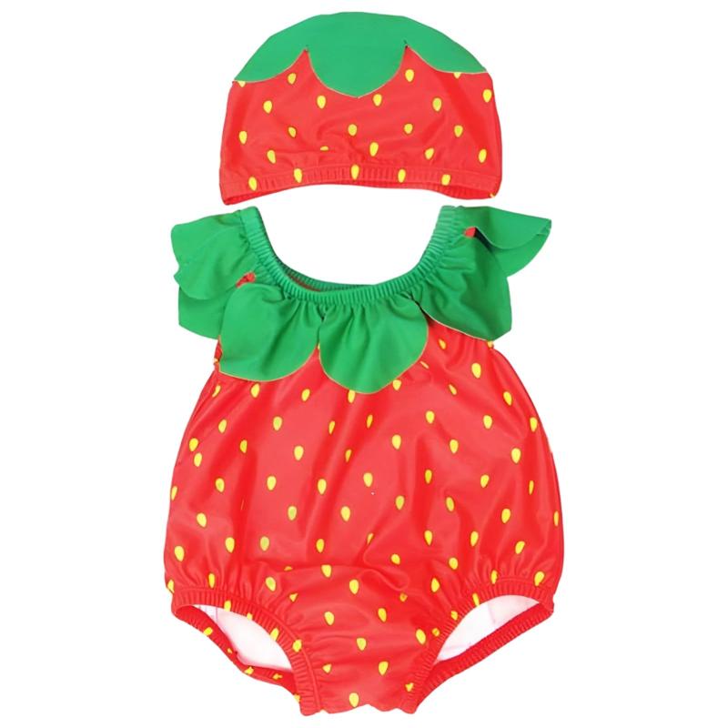 [Joyesplay] ベビー 水着 ロンパース キャップ付き 2点セット キャップ付き ベビー 果物 スイムウェア ..