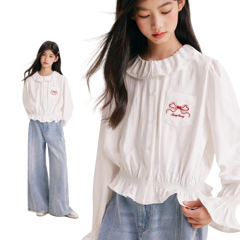 [Barry Banny] 女の子 フリルブラウス 長袖 白シャツ 無地 キッズ服 丸襟 トップス かわいい 刺繡ロゴ 秋服 冬服 オシャレ 小学生 中学生 120 130 140 150 160 165cm