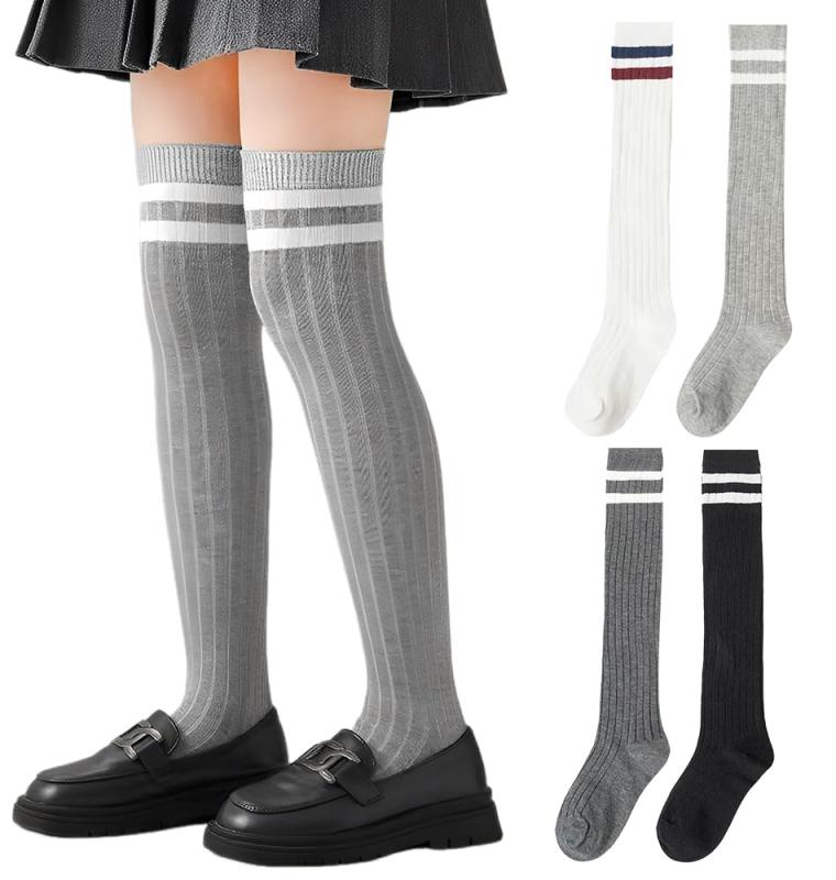 [ZGKULAEAOW] ニーハイソックス キッズ 4足セット 女の子 ハイソックス子供 オーバーニーソックス 靴下 ソックス 靴下 春秋冬 ひざ上 膝上 黒 白