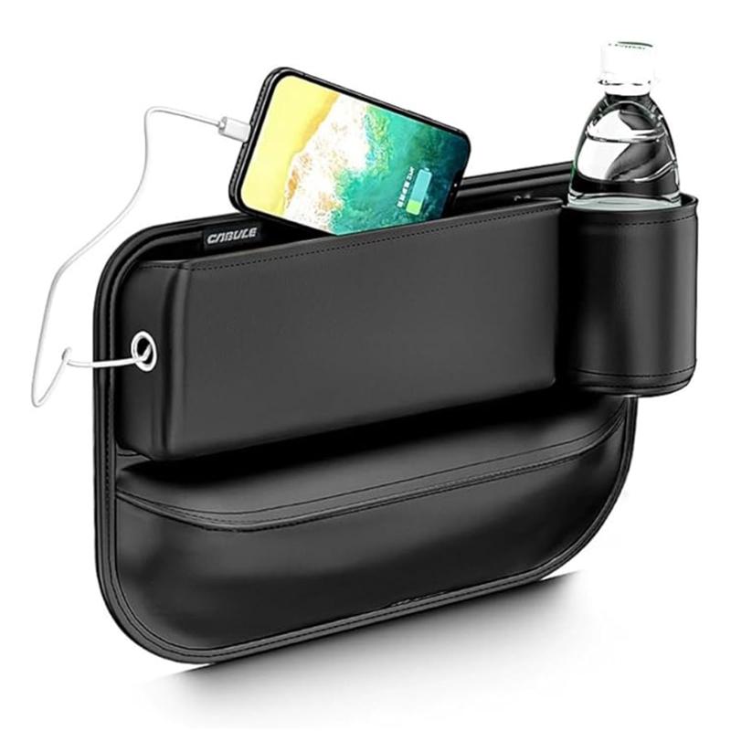 シートサイドポケット 車用 隙間収納ボックス 超薄型 収納ポケット PUレザー USB充電口付き 防滑クッション 多機能 小物入れ カー用品 汎用タイプ 運転席 助手席対応 スマホ ドリンク 鍵 書