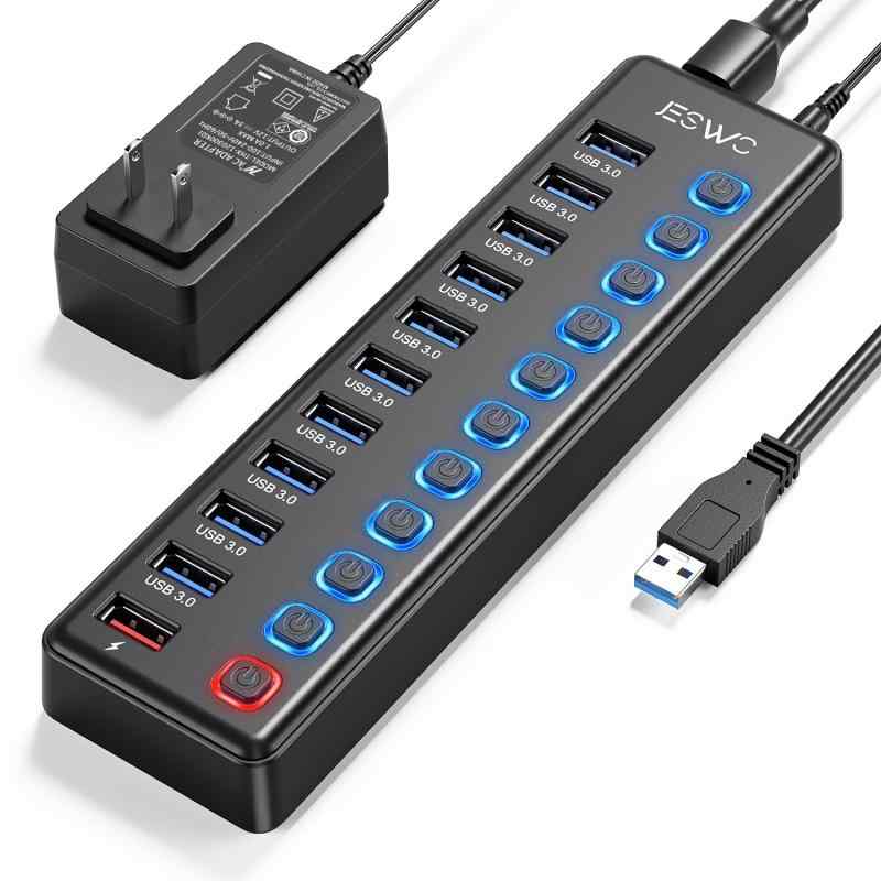JESWO USBハブ 電源付き USB3.0ハブ 10ポートの 拡張+ 1充電ポート セルフパワー USB Hub 5Gbps高速データ伝送 USB3.0 拡張 独立スイッチ付き 12V3A ACアダプタ付き Android/Windows/MacBo