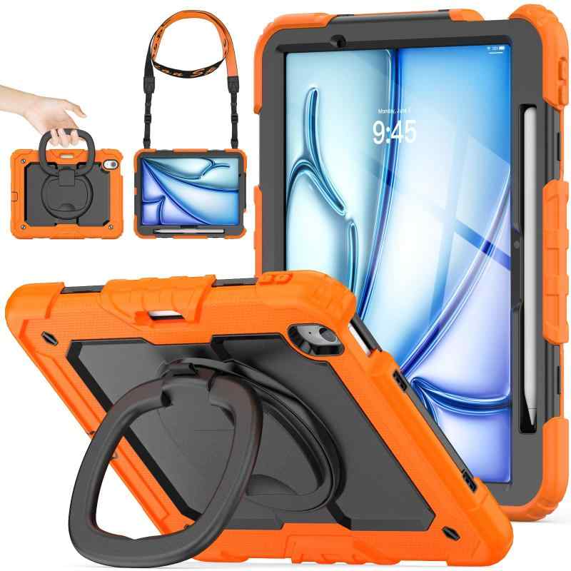 SEYMAC stock iPad Air(M3/M2) 11インチ（2025/2024）リングハンドル耐衝撃ケース 保護フィルム付き前面カバー ペン収納 360°回転リングハンドルスタンド ショルダーストラップ iPad Air 11 第7/6世代専用