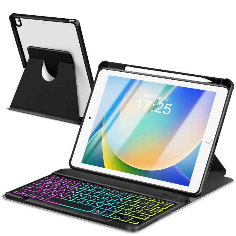 EAMPANG iPad キーボード付きケース, 7色レインボーバックライト Type-C充電 脱着式 スマート 多機能 ワイヤレス キーボード 360度回転 横置き縦置きの立ち方 磁気ケース軽量全面保護多角度調整