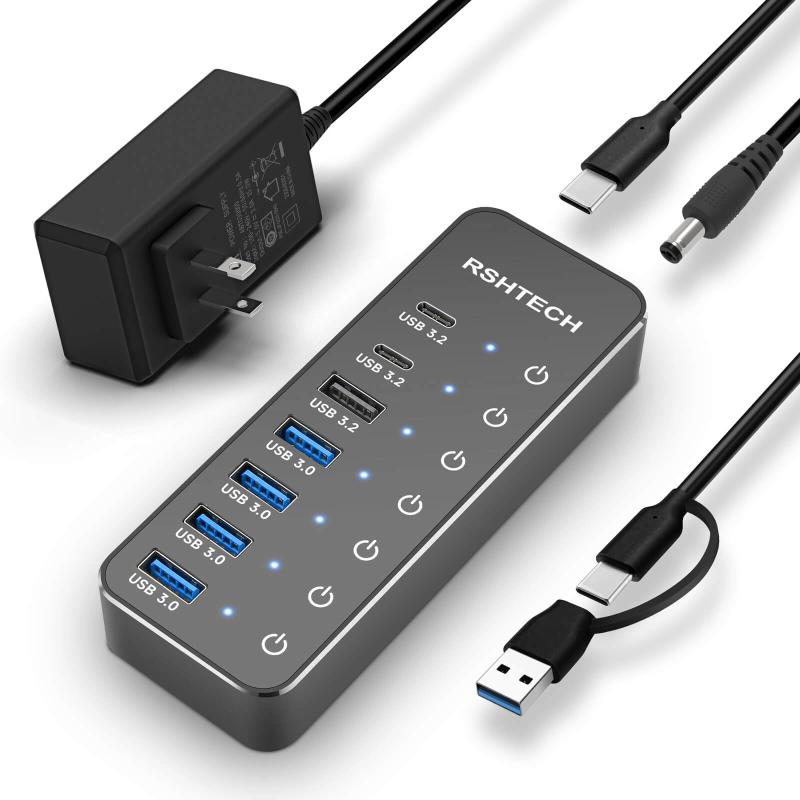 RSHTECH USB ハブ 10Gbps 7ポート セルフ/バス両対応 タッチスイッチ付き ACアダプタ付（100cm） アルミ合金ボディ 高耐久性 ポート拡張 Type-C/USB接続対応