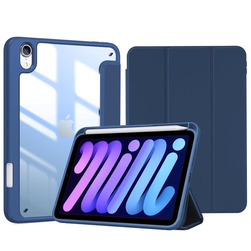ProCase iPad Mini A17 Pro 第7世代 2024 Mini6 ケース 2021 8.3インチ ペンホルダー オートスリープ/ウェイク機能 耐衝撃 三つ折りスタンド 透明バックカバー 適用機種：iPad Mini A17 Pro 第7