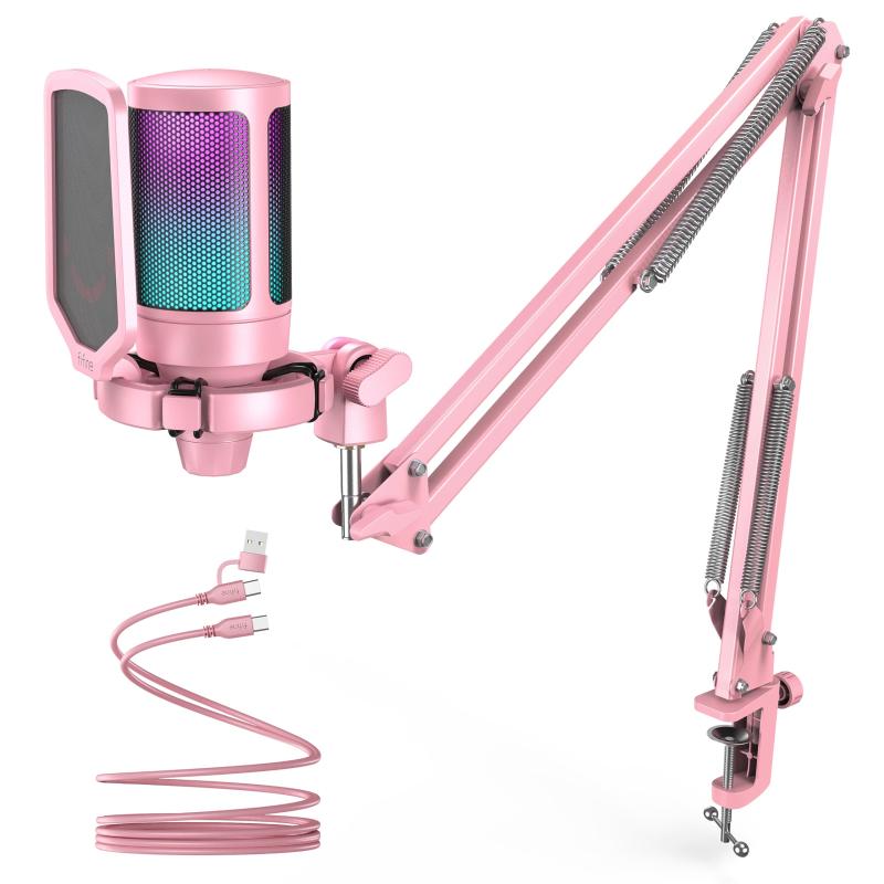 FIFINE コンデンサーマイク RGBライティング カーディオイド指向性 プラグ＆プレイ USB-C→USB-Aケーブル付き ワンタッチミュート YouTube Skype Discord Zoom 録音 ゲーム実況 ボイズチャット ライブ配