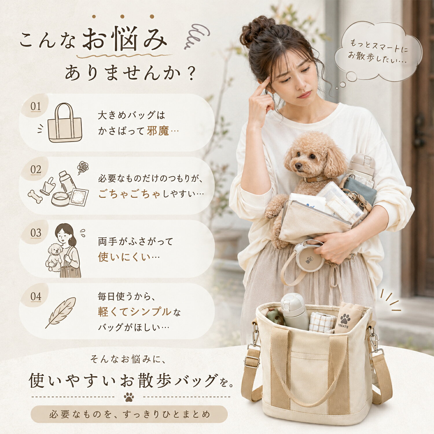 Only the best PET Shopの【最大40%OFFクーポン配布中】 犬 散歩バッグ 2WAY お散歩バッグ ファスナー付き 犬散歩用バッグ コンパクト 大容量 多機能 キャンバス生地 ペットボトル収納 仕切り付き 軽量 持ちやすい 犬用 散歩 バッグシャーペイ（Shar Pei）｜アングル2