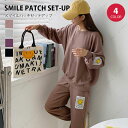 ルームウェア 上下セット 韓国 【選べる 4色】 レディース セットアップ ニコちゃんマーク ニコちゃん おしゃれ 上下 セット 可愛い パジャマ 長袖 tシャ...