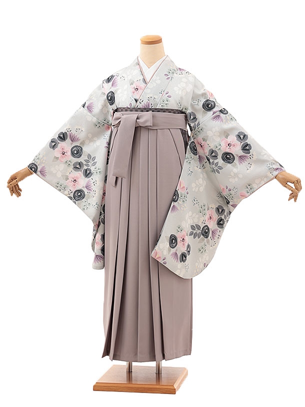 【レンタル】卒業式袴レンタル グレー花柄×グレージュ