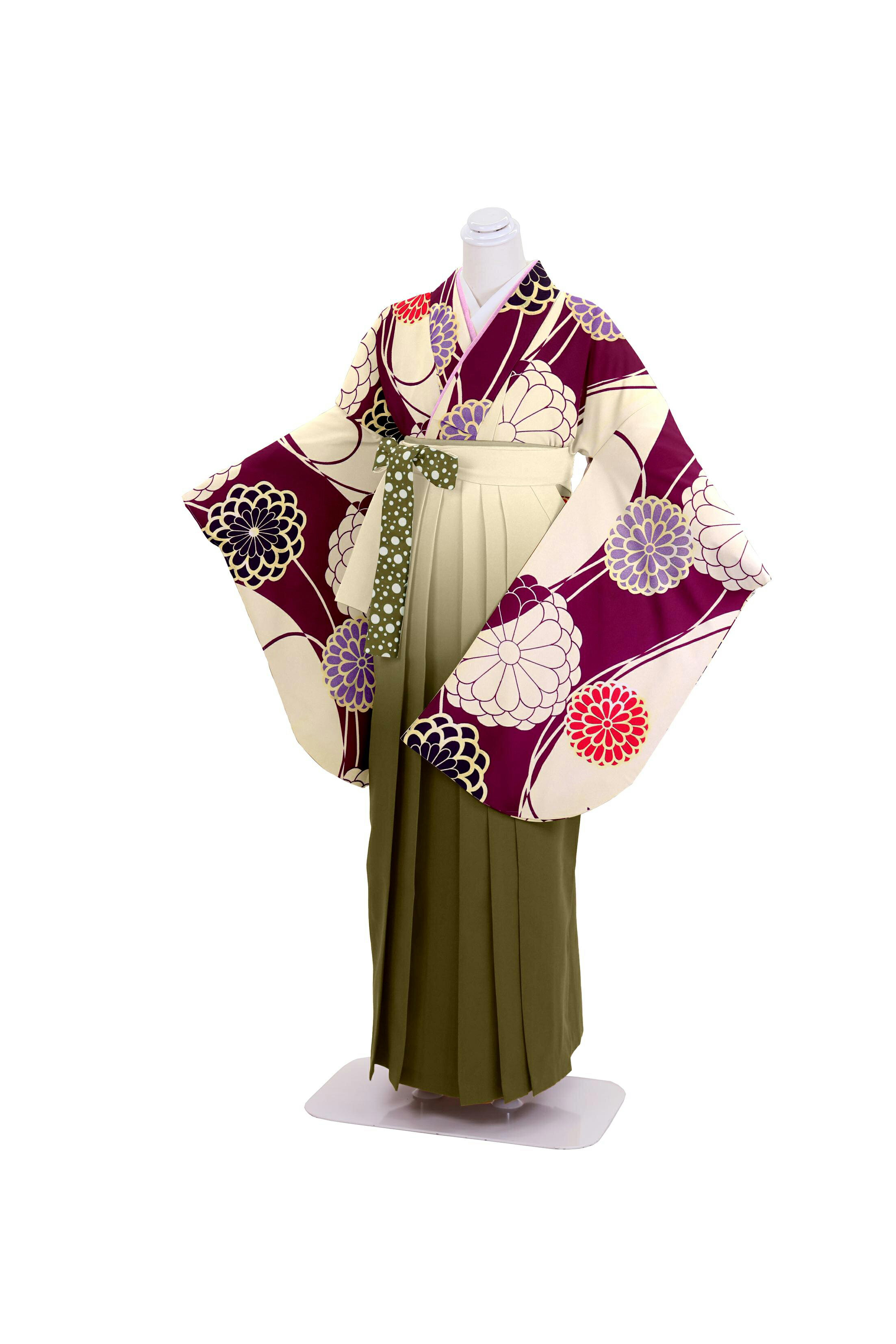 【レンタル】卒業式袴レンタル　えんじ菊×カーキグラデーション