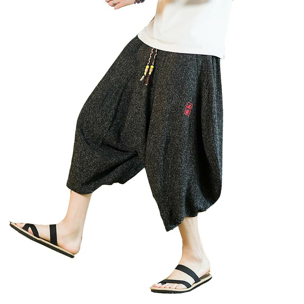 Rakuten - ワイドパンツ メンズ ズボン 七分丈 ガウチョパンツ ハーフパンツ 夏服 エスニック ボトムス 幅広ゴム 調整紐 快適 部屋着 ダンス クロップドパンツ エアパンツ