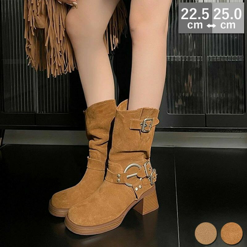 ハーフ ミドル丈 スエード ブーツ シューズ レディース シューズブーツ 6cmヒール サイドベルト付き エンジニアブーツ ミドル丈