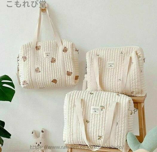 マザーズバッグ トートバッグ くま ベア チューリップ オリーブ 刺繍 おしゃれ かわいい 韓国 雑貨 コットン 綿 大きい 大容量 肩掛け