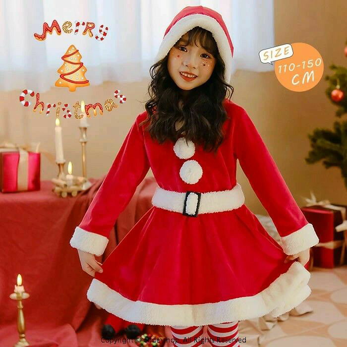 Rakuten - クリスマス キッズ コスチューム ワンピース フード付き 女の子 ボア もこもこ 子供 サンタ 衣装 コスプレ ふわふわ サンタクロース 仮装 クリスマス衣装 ジュニア 可愛い おしゃれ フリース 冬 110 120 130 140 150cm