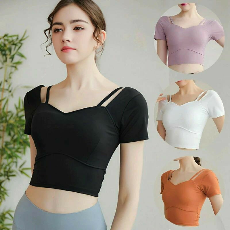 ヨガウェア 半袖 カップ付き ヨガ トップス レディース ショート丈 クロップド丈 ホットヨガ トレーニングトップス ピラティスウェア かわいい おしゃれ ピラティス 女性 ジムウェア バレエ ダンス