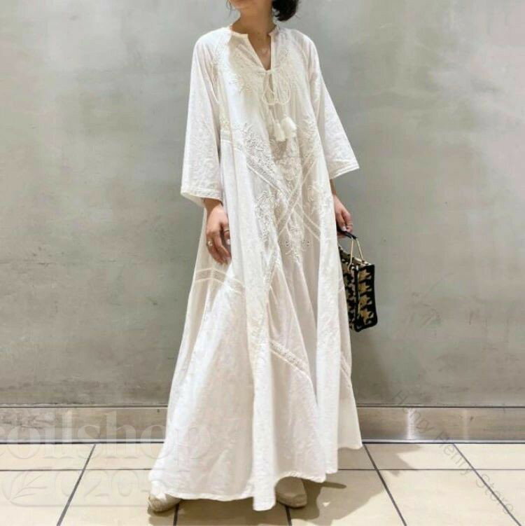 マキシワンピースワンピースロングリネンワンピース7分袖レディース刺繍サマードレ...