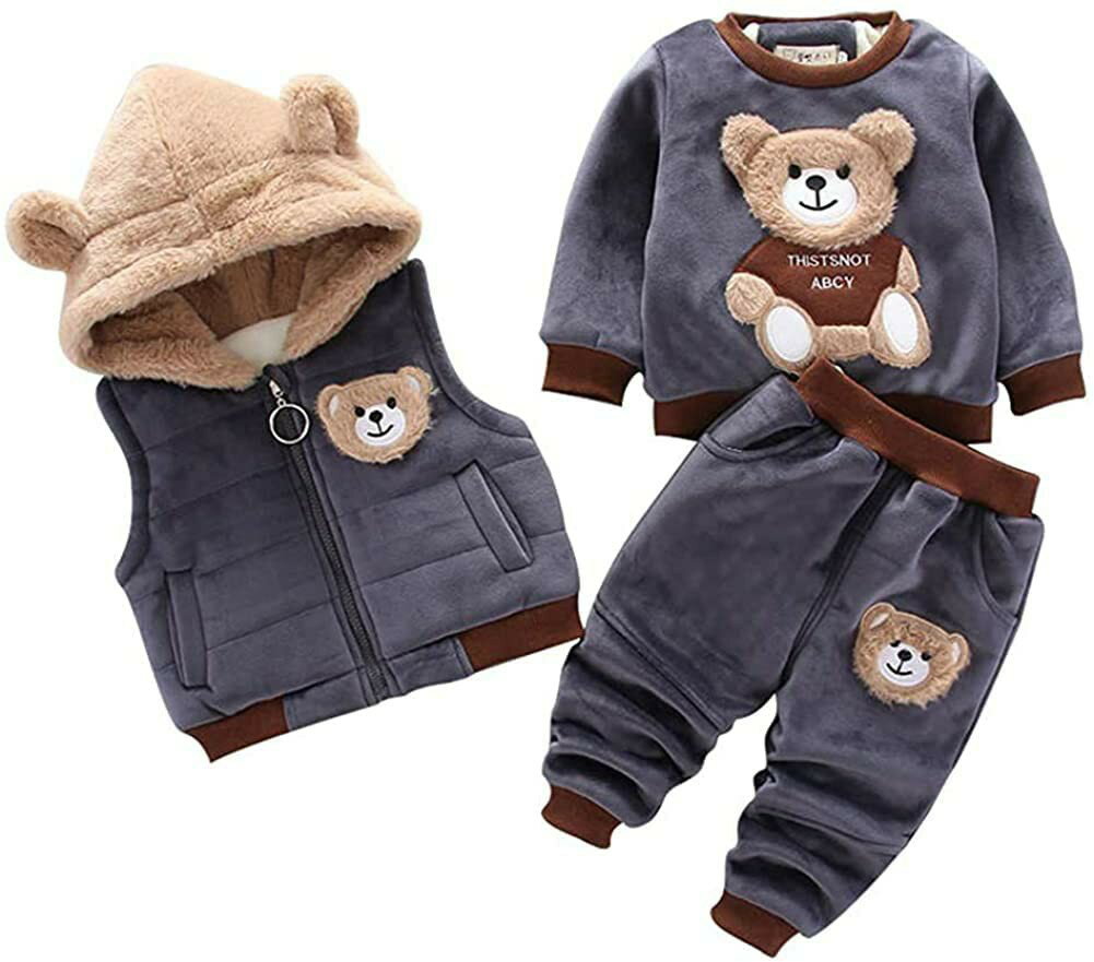 Rakuten - キッズ服 女の子 男の子 上下3点セット チョッキ フード付き (トレーナー++長パンツ) コットン 子供服 カワイイ 暖かい カジュアル 幼児 長袖 1-3歳 秋冬