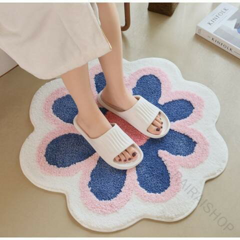 花柄バスマット 足ふきマット 滑り止め付 丸洗い可能 快適吸水 速乾 抗菌消臭機能付き お風呂ドア前用 ふわふわ絨毯タイプ 1年中使用OK 60×60cm 洗えるマイクロファイバー製