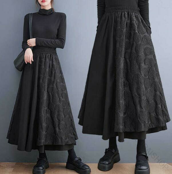 スカート ロング レディース ボトムス ロング丈 秋冬用 ウエストゴム 花柄切り替え 大きいサイズ 体型カバー ゆったり 着痩せ 通勤 OL向け 上品デザイン