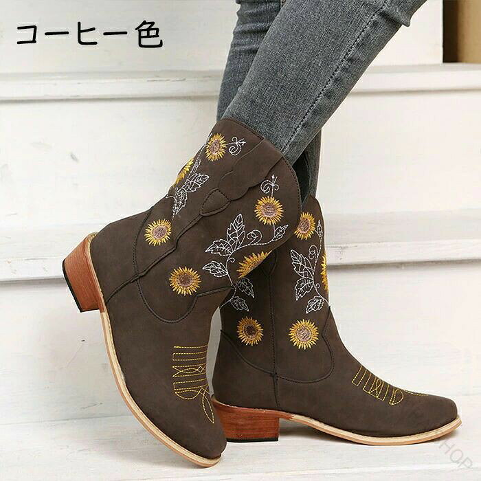 ウエスタンブーツ レディース ショートブーツ カウボーイブーツ 花刺繍 チャンキー...
