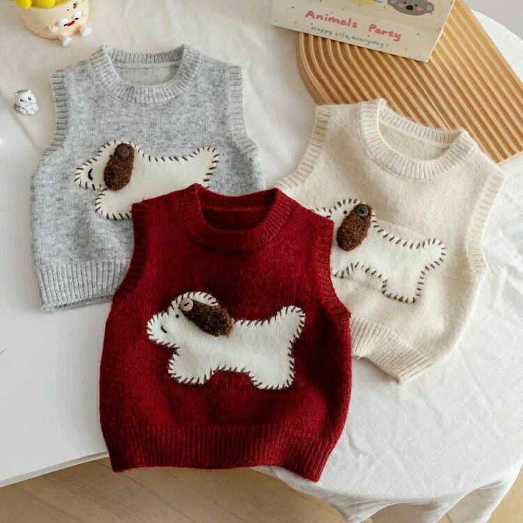 Rakuten - 【無料送料】女の子 ベスト ニット ボア 犬 イヌ 動物 プリント 秋冬 子供服 キッズ インナー アウター かわいい おしゃれ 暖かい ボーダー 2歳 3歳 4歳 5歳 6歳 7歳