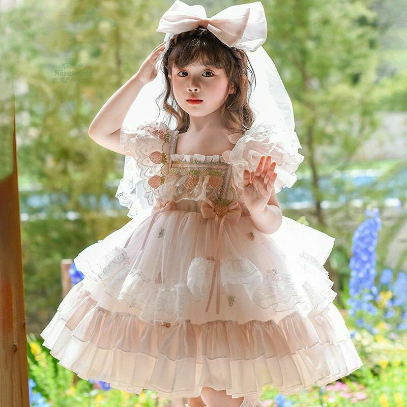 Rakuten - 女の子 ワンピース いちご ノースリーブ サマードレス 誕生日 パーティー フォーマル 結婚式 七五三 ギフト 涼しい 洗える 吸汗速乾 子供用 正装 レース フリル