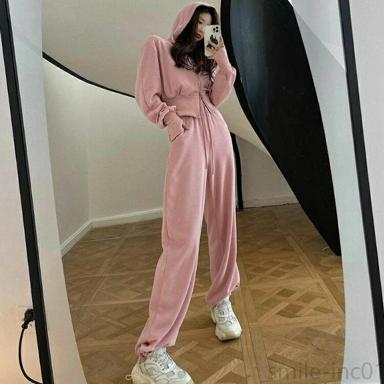 ONOFFshopのパンツ 春服 ジャージ スウェット フード付き セットアップ 上下セット 韓国ファッション かわいい カジュアル パーカー ジップアップ｜アングル2
