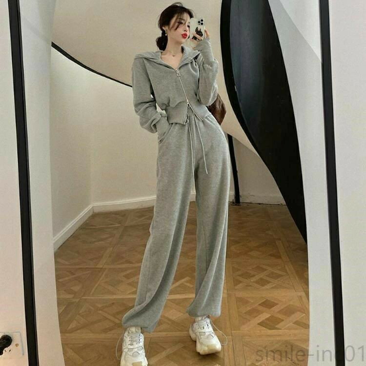パンツ 春服 ジャージ スウェット フード付き セットアップ 上下セット 韓国ファッション かわいい カジュアル パーカー ジップアップ